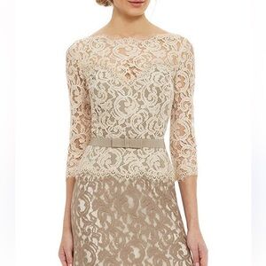 Tadashi Shoji PETITE All Over Lace Dress size 10P in Ivory and Taupe